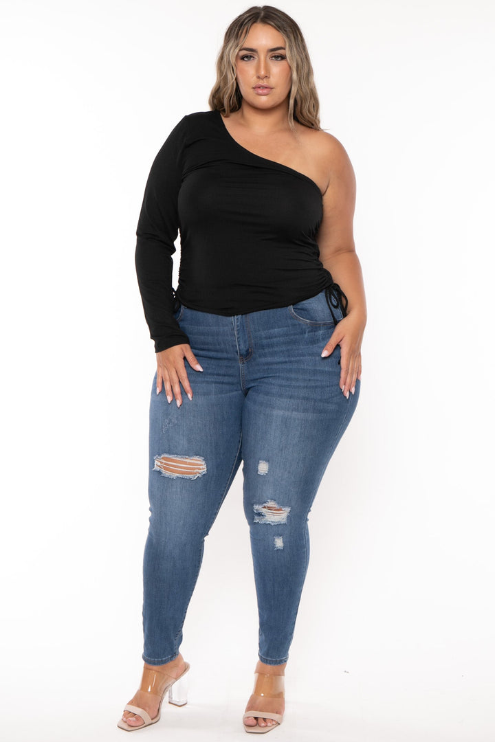 Ambiance Tops Plus Size Asymmetric One Sleeve Top  -Black