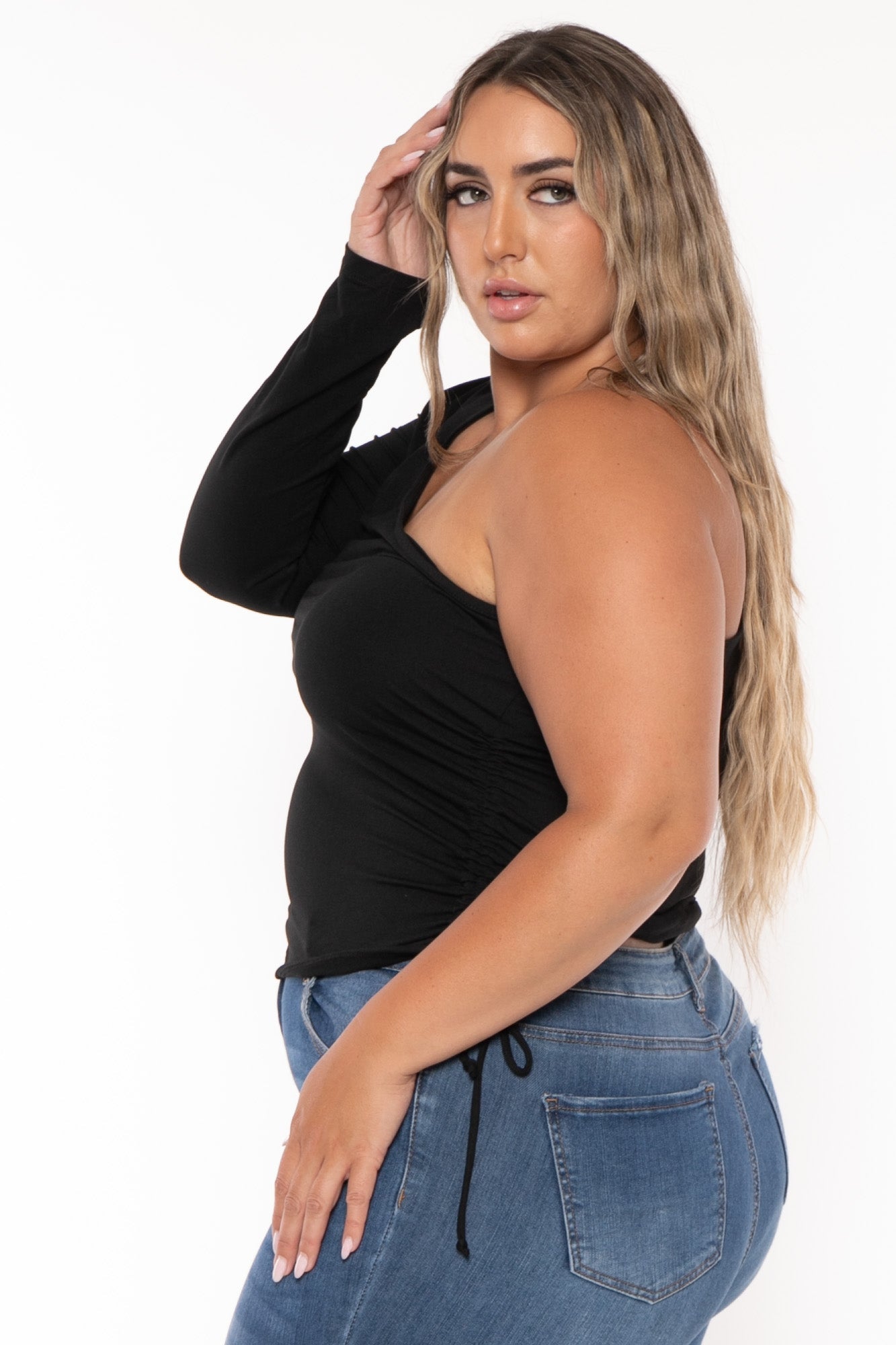 Women's Plus Size Asymmetric One Sleeve Top -Black - Curvy Sense