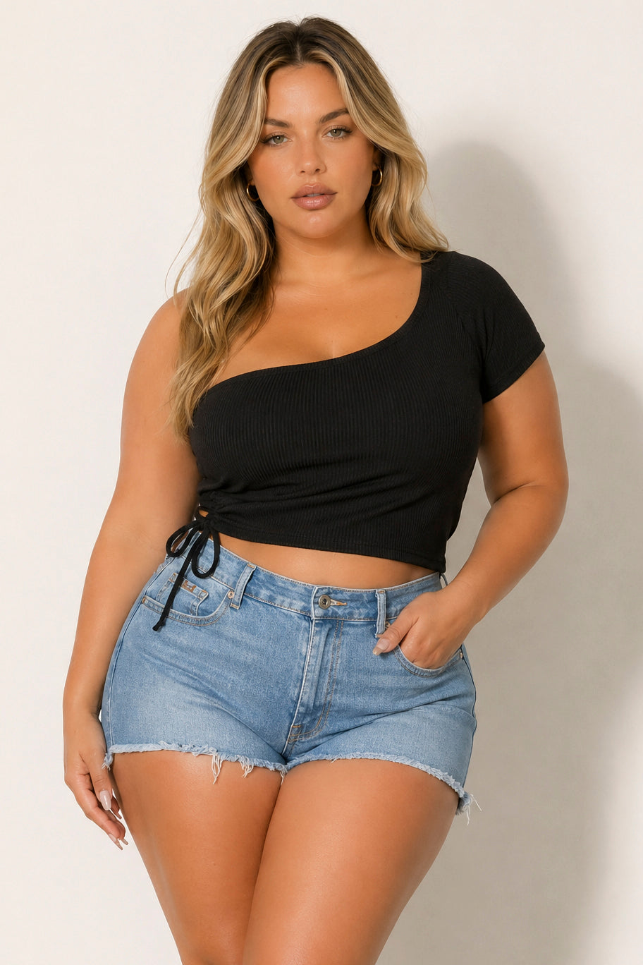 Curvy Sense Inc. Tops Plus Size Asymmetric Ribbed Crop Top  - Black