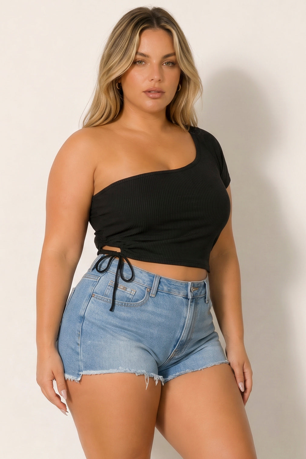 Curvy Sense Inc. Tops Plus Size Asymmetric Ribbed Crop Top  - Black