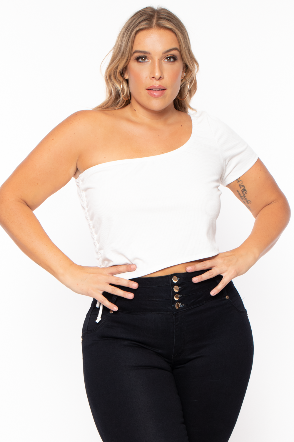 Curvy Sense Tops 1X / Ivory Plus Size Asymmetric Ribbed Crop Top  - Ivory