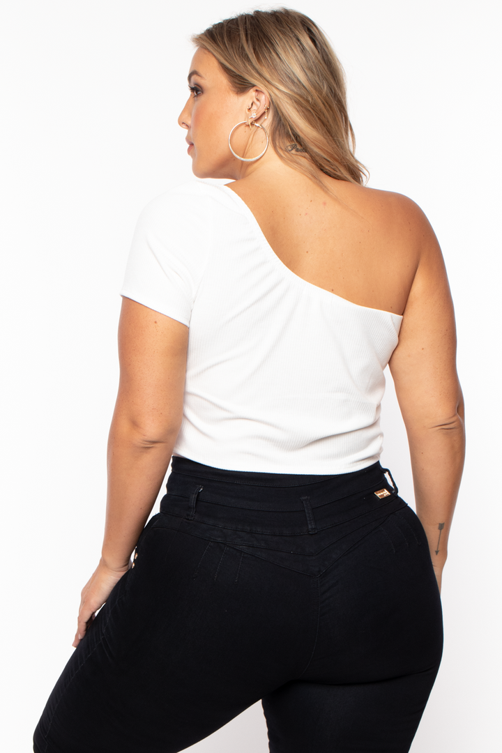 Curvy Sense Tops Plus Size Asymmetric Ribbed Crop Top  - Ivory