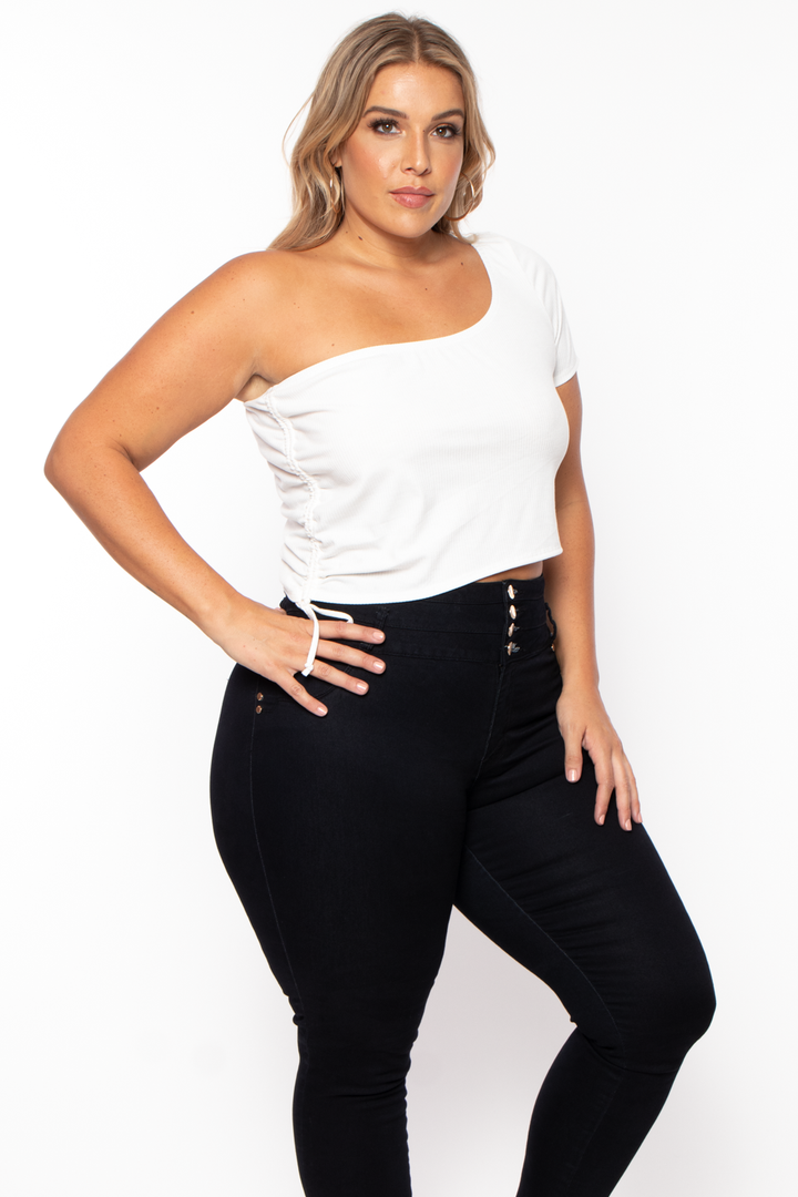 Curvy Sense Tops Plus Size Asymmetric Ribbed Crop Top  - Ivory