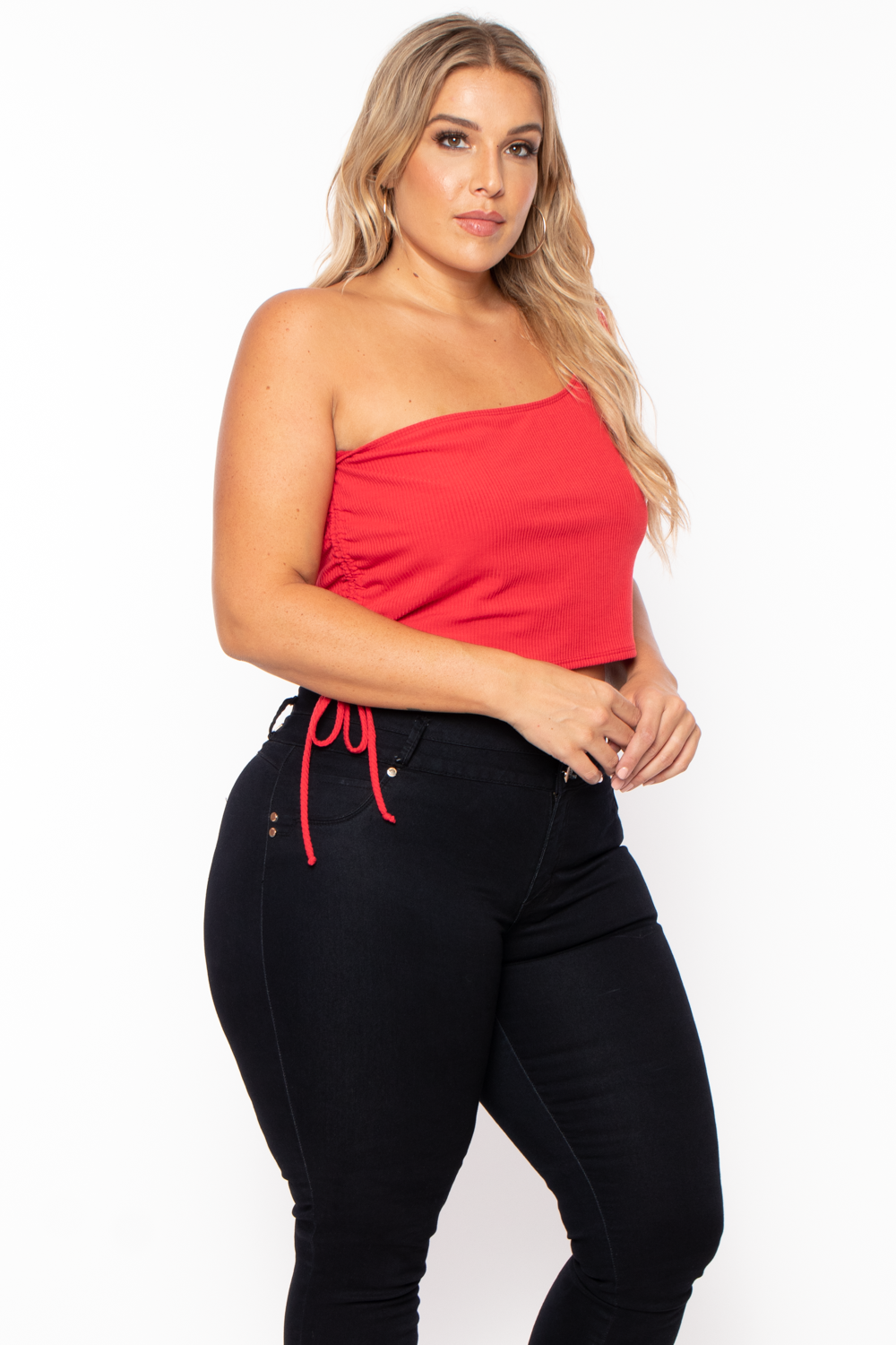Curvy Sense Tops Plus Size Asymmetric Ribbed Crop Top  - Red