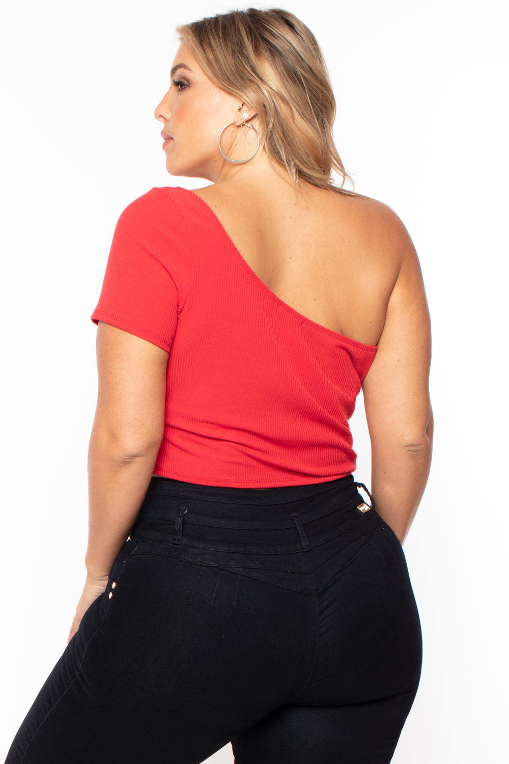 Curvy Sense Tops Plus Size Asymmetric Ribbed Crop Top  - Red