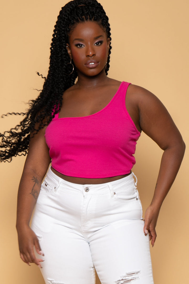 Curvy Sense Tops Plus Size Asymmetric Ribbed Top - Fuchsia