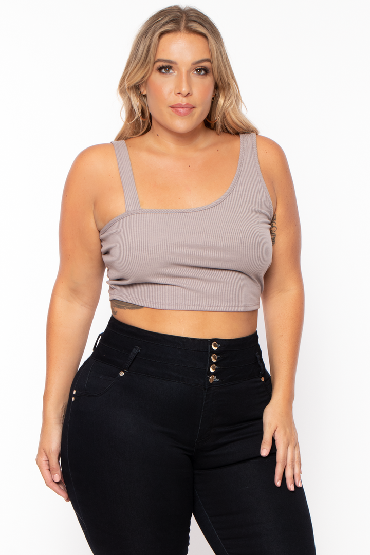 Curvy Sense Tops 1X / Mocha Plus Size Asymmetric Ribbed Top - Mocha