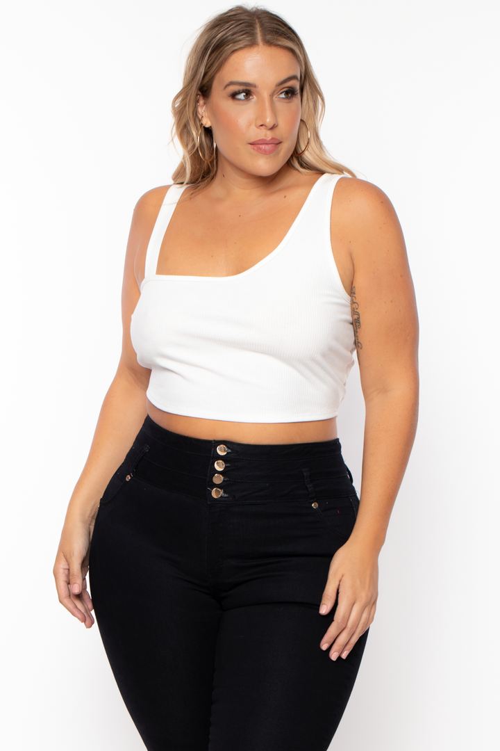 Curvy Sense Tops 1X / White Plus Size Asymmetric Ribbed Top - White
