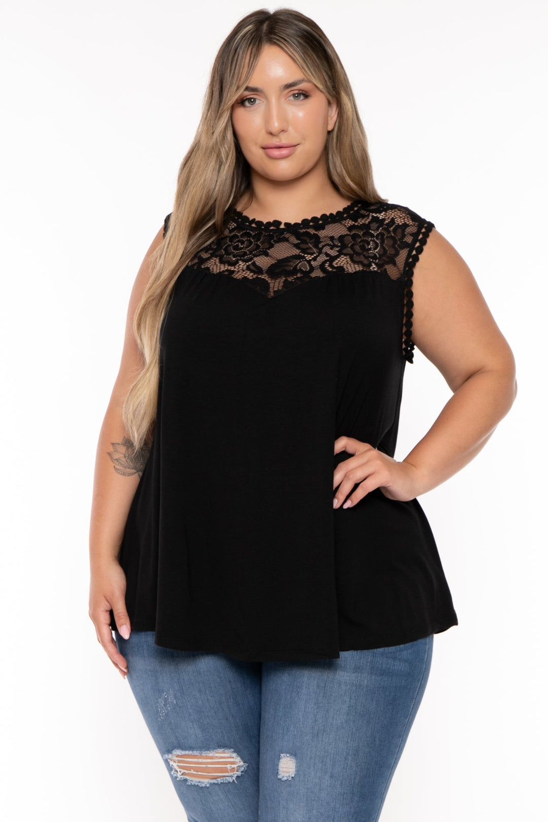Emerald Tops Plus Size Aylin Sheer Lace Top- Black