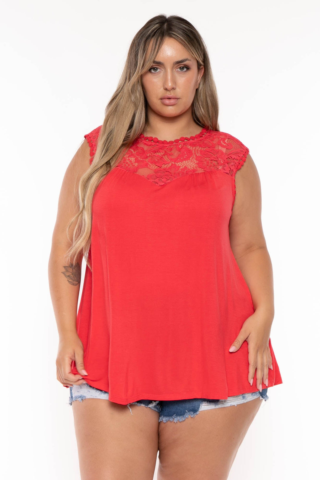 Emerald Tops Plus Size Aylin Sheer Lace Top- Coral
