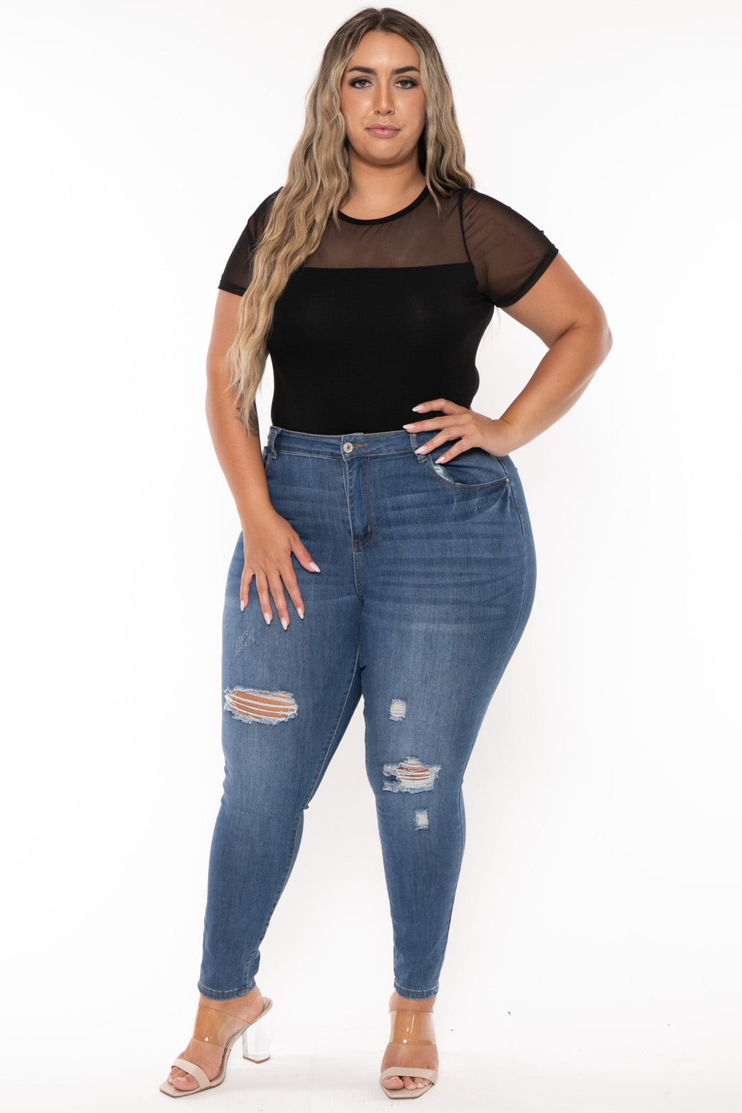 Curvy Sense Tops Plus Size Becky Mesh Bodysuit- Black