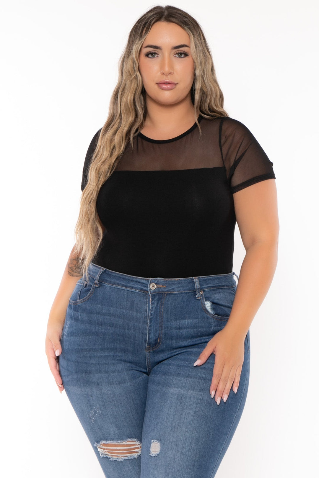 Curvy Sense Tops Plus Size Becky Mesh Bodysuit- Black