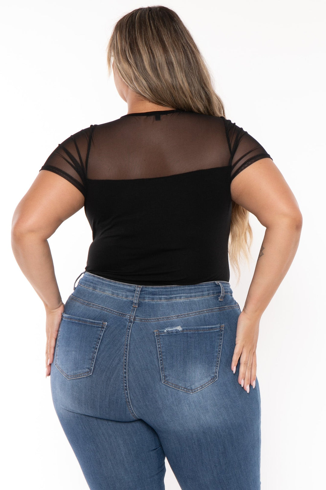 Curvy Sense Tops Plus Size Becky Mesh Bodysuit- Black