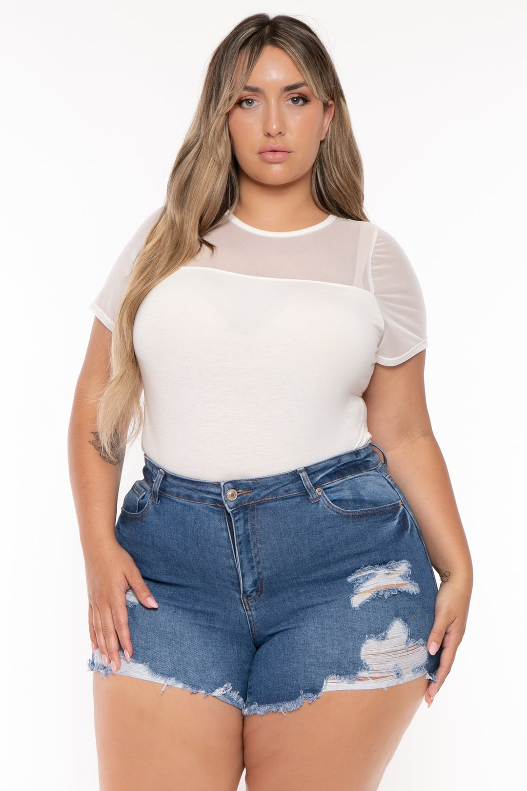 Curvy Sense Tops Plus Size Becky Mesh Bodysuit- Ivory