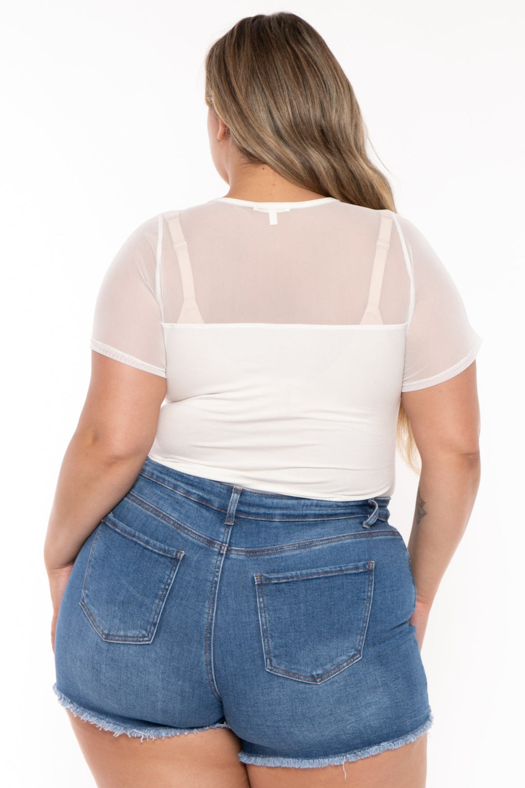 Curvy Sense Tops Plus Size Becky Mesh Bodysuit- Ivory