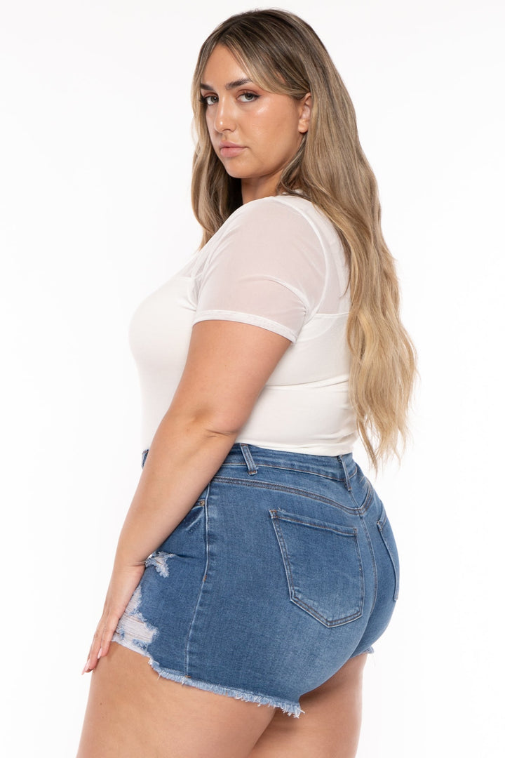 Curvy Sense Tops Plus Size Becky Mesh Bodysuit- Ivory