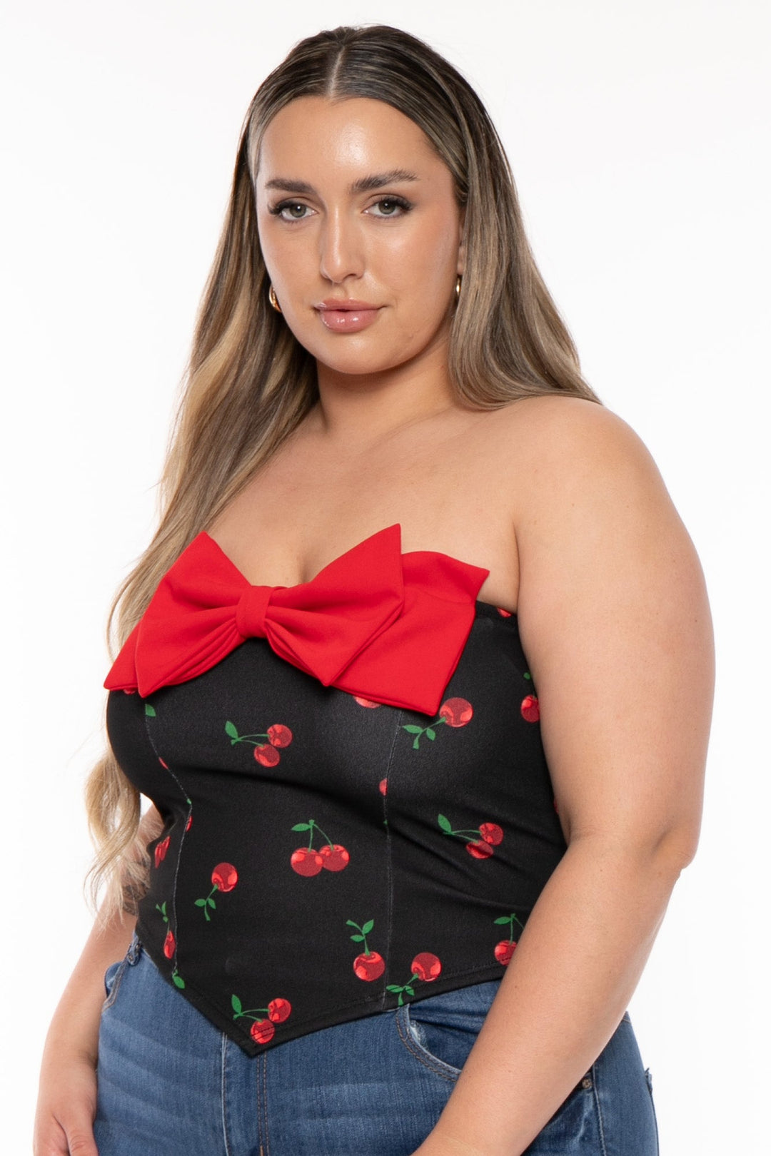 Curvy Sense Tops Plus Size Bellamy Cherry Coquette Top -Black