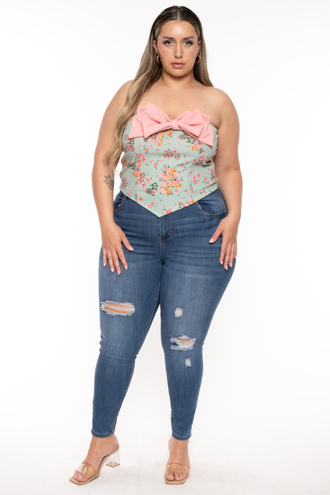 Curvy Sense Tops Plus Size Bellamy Floral Coquette Top -Sage