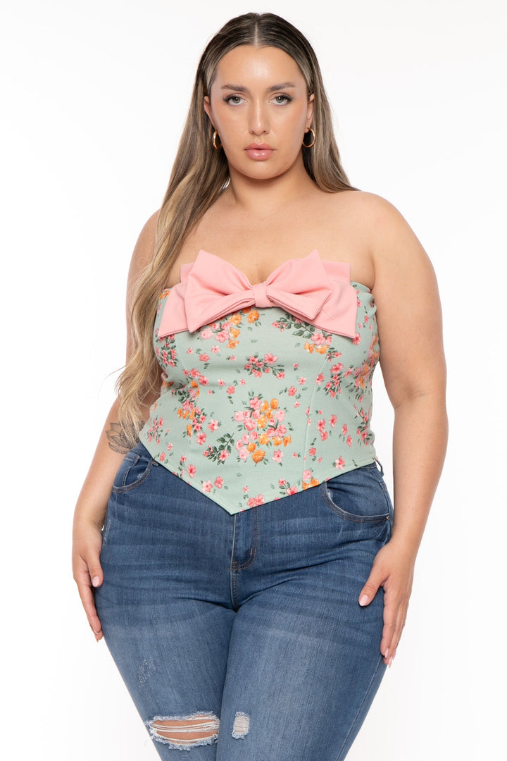 Curvy Sense Tops Plus Size Bellamy Floral Coquette Top -Sage