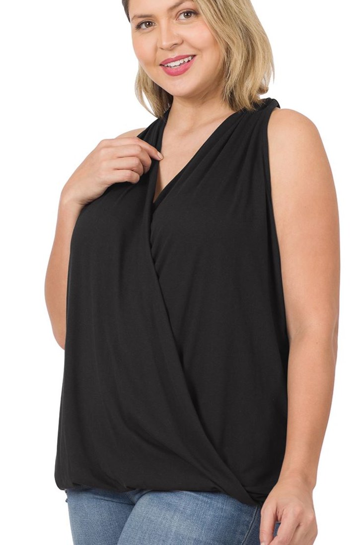 Zenana Tops Plus Size Brushed Surplice Halter Top - Black