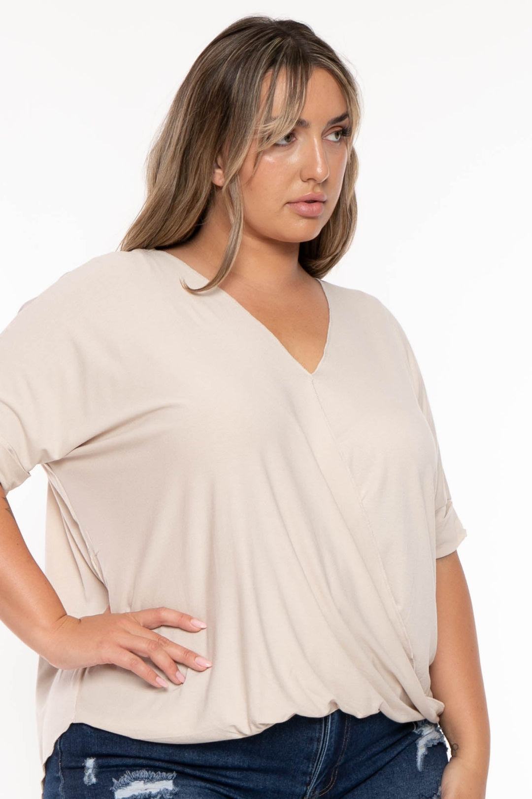 Zenana Tops Plus Size  Cassie Surplice Top - Beige