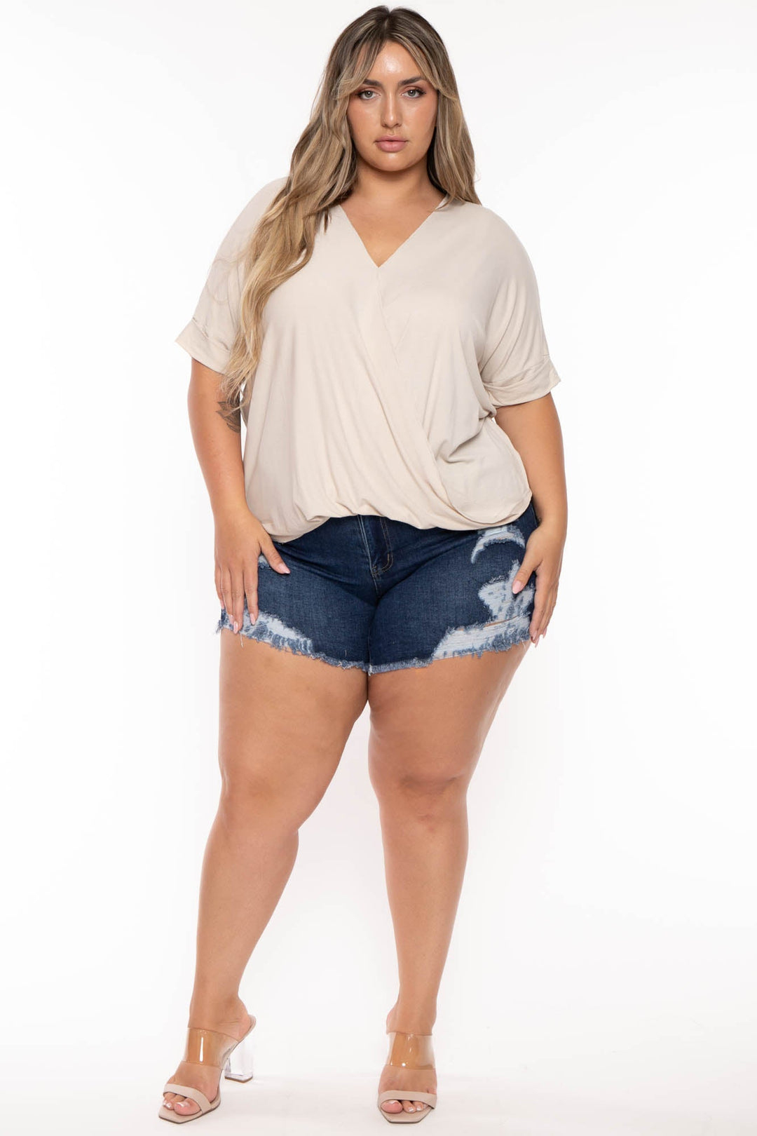 Zenana Tops Plus Size  Cassie Surplice Top - Beige