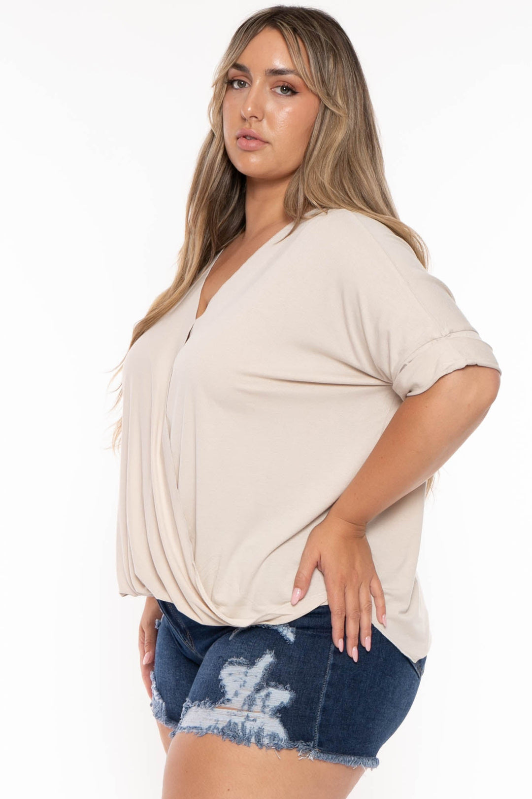 Zenana Tops Plus Size  Cassie Surplice Top - Beige