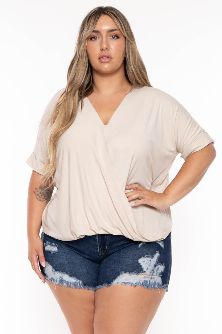 Zenana Tops Plus Size  Cassie Surplice Top - Beige