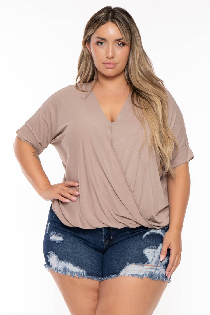 Zenana Tops Plus Size  Cassie Surplice Top - Taupe