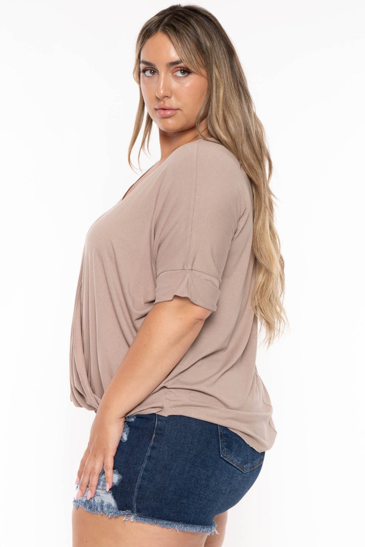 Zenana Tops Plus Size  Cassie Surplice Top - Taupe