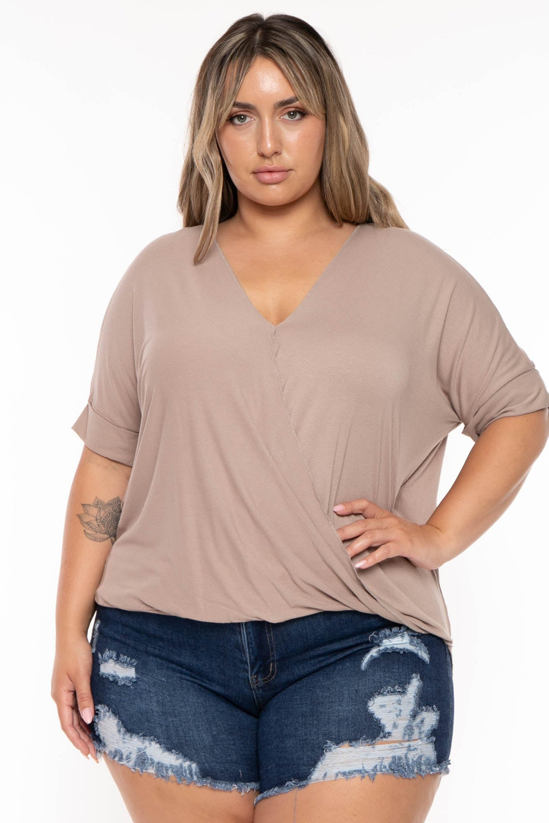 Zenana Tops Plus Size  Cassie Surplice Top - Taupe