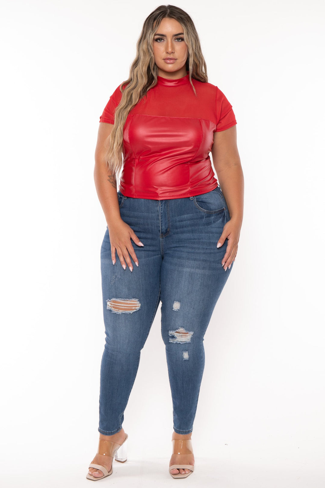 Curvy Sense Tops Plus Size Charlotte  Faux Leather Top-Red