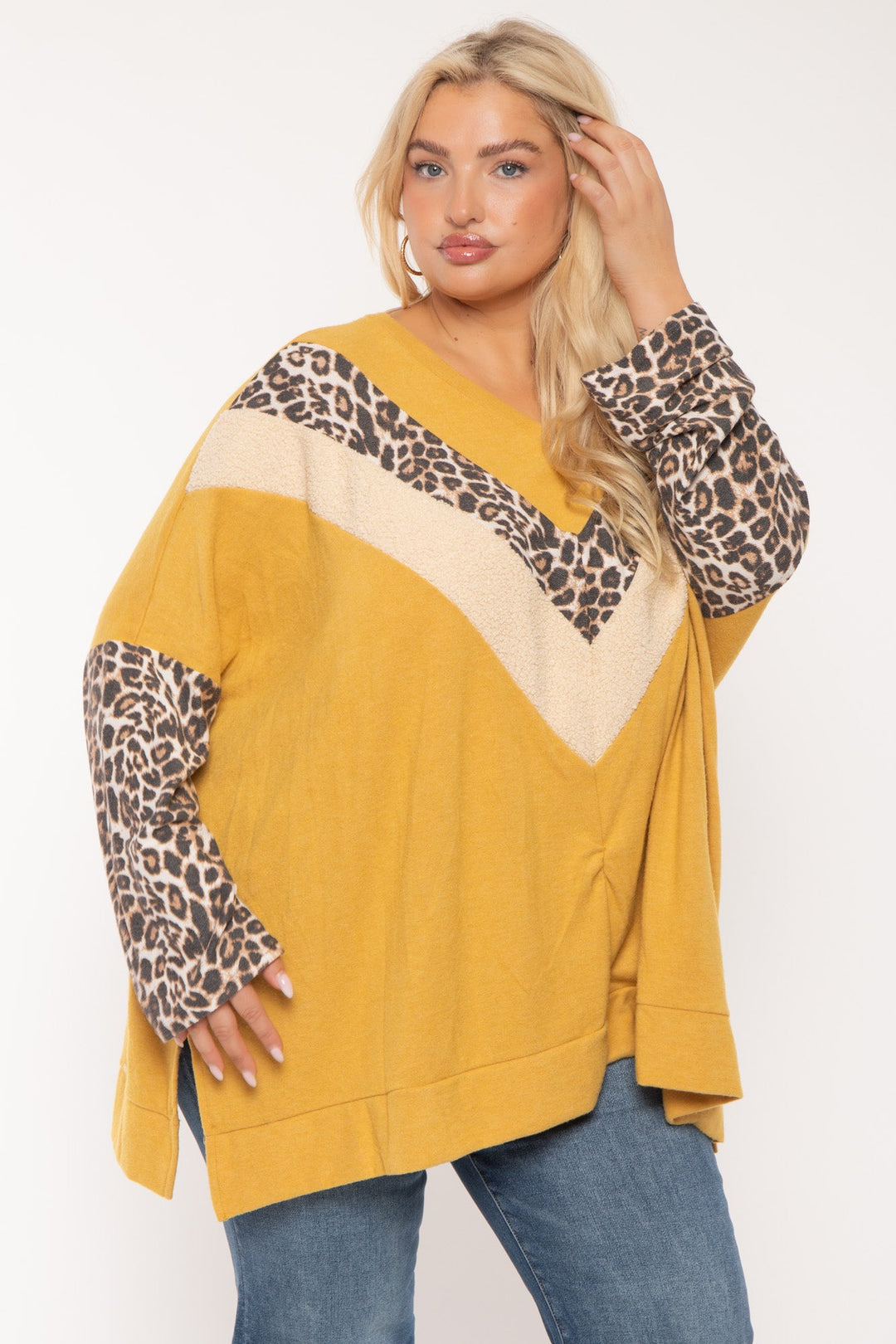 Jade By Jane Tops Plus Size Chevron Animal Print  Top- Mustard