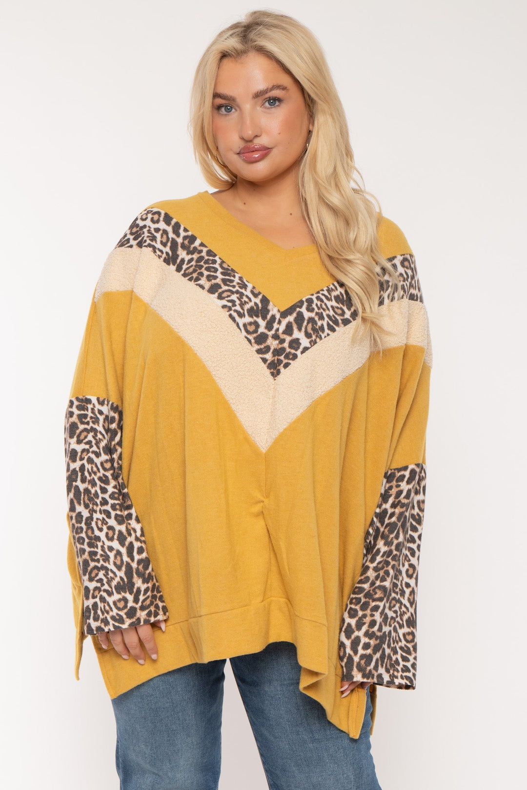 Jade By Jane Tops Plus Size Chevron Animal Print  Top- Mustard