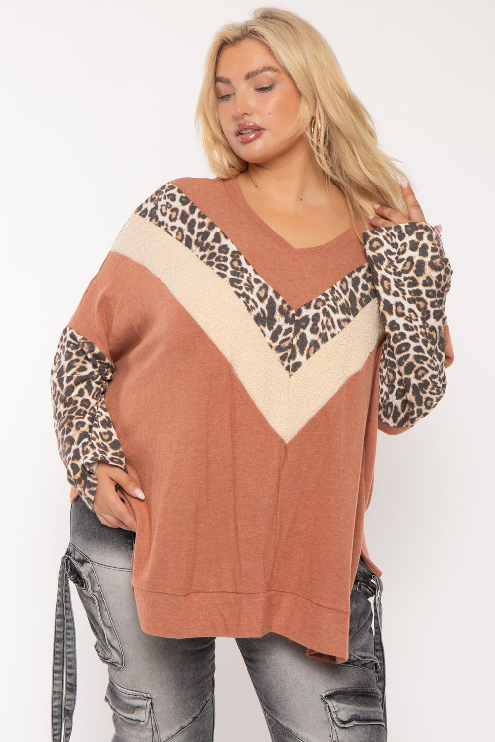 Jade By Jane Tops Plus Size Chevron Animal Print  Top- Rust