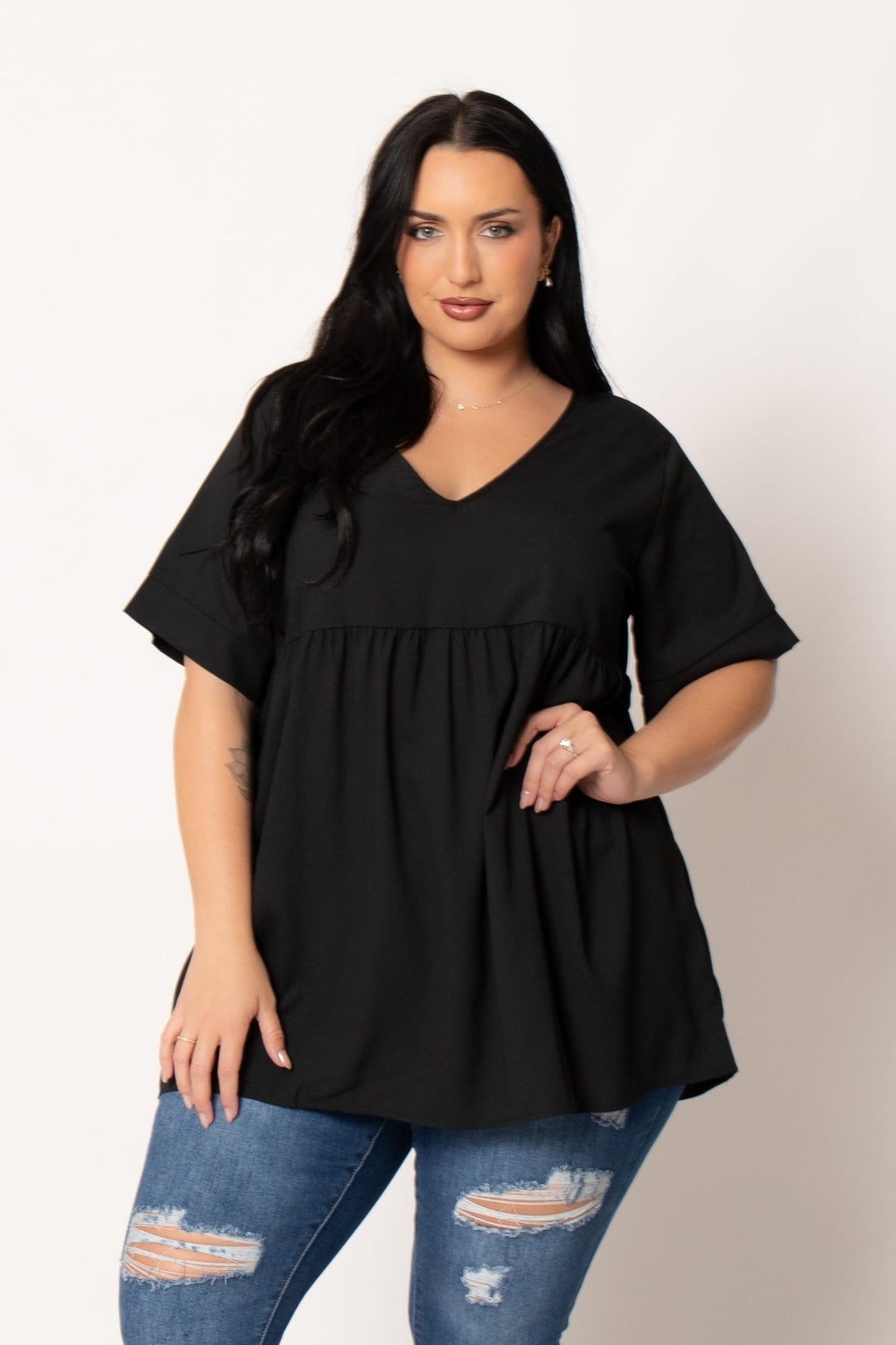 Zenana Tops Plus Size Chic Babydoll  Top - Black