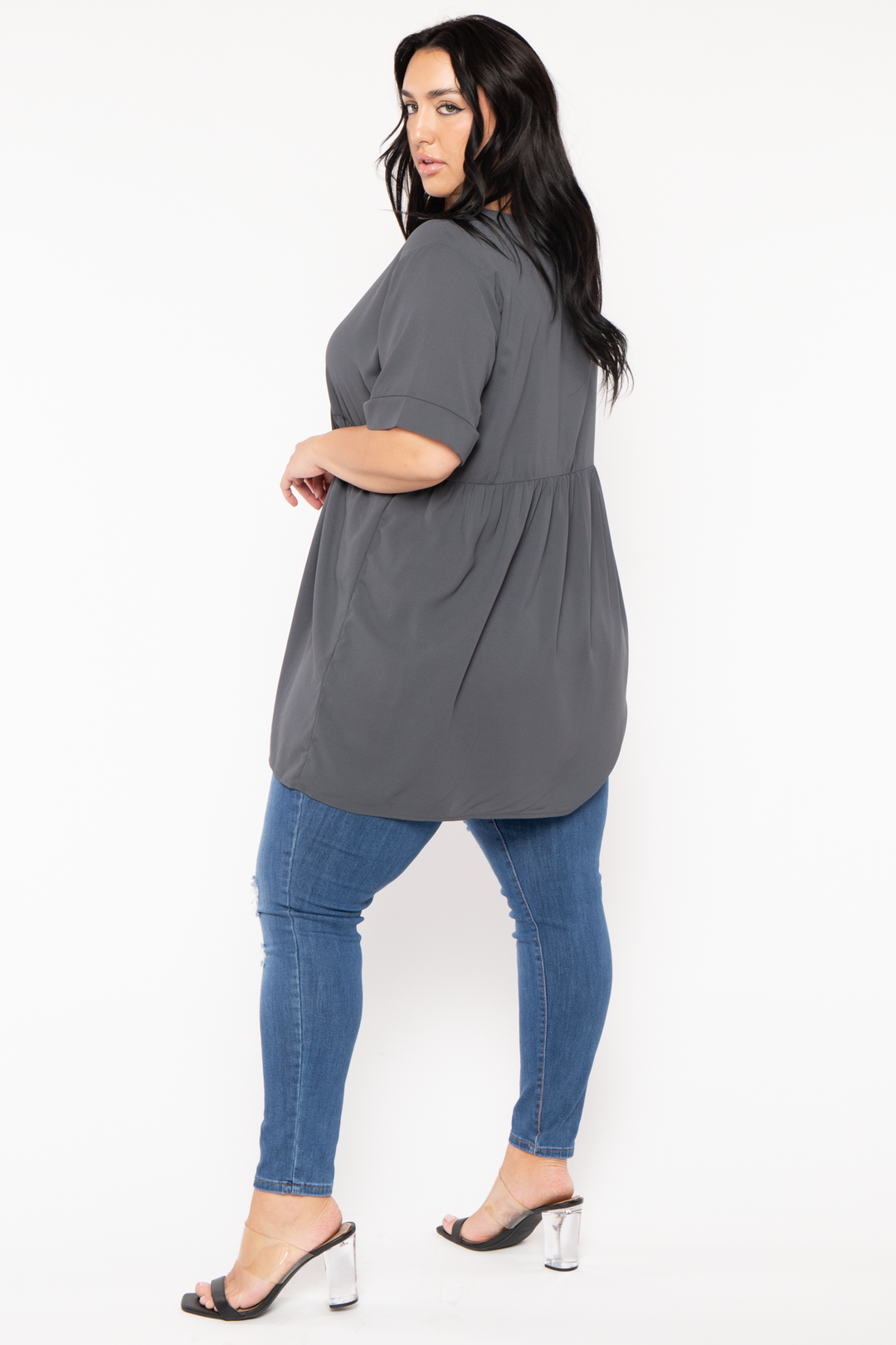 Zenana Tops Plus Size Chic Babydoll  Top - Grey