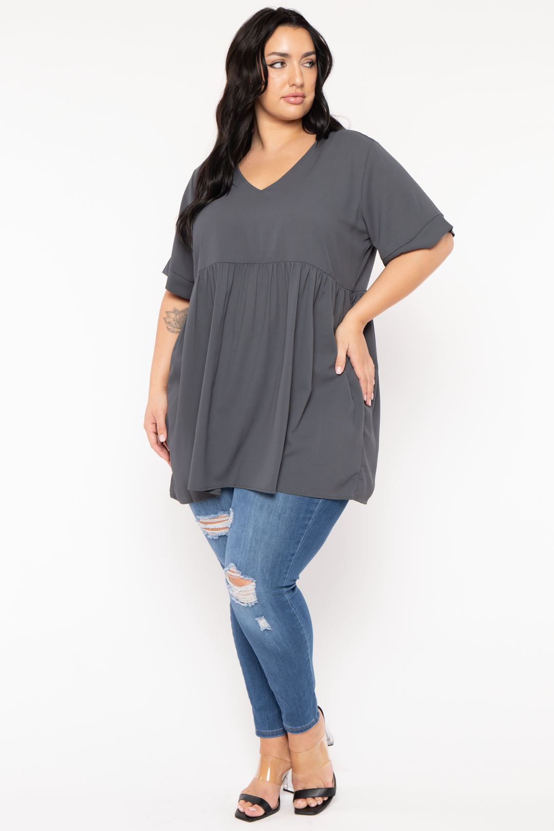 Zenana Tops Plus Size Chic Babydoll  Top - Grey