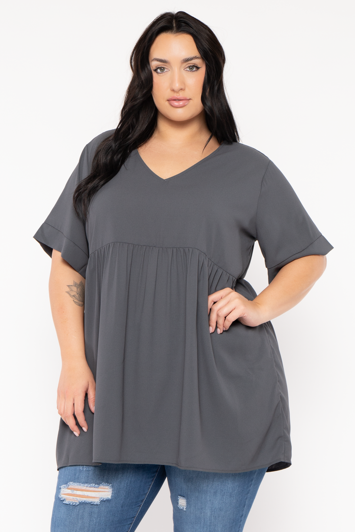 Zenana Tops Plus Size Chic Babydoll  Top - Grey