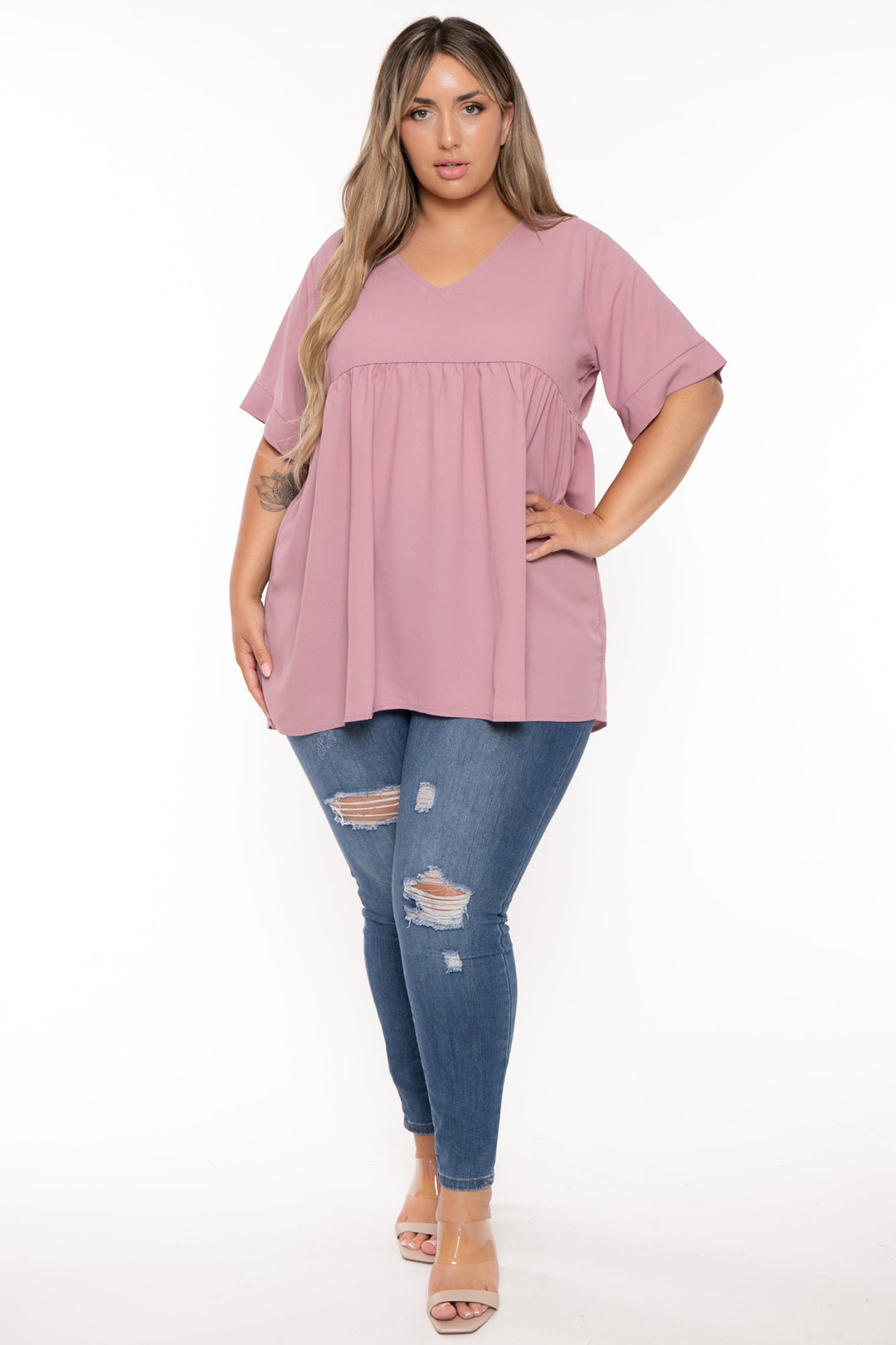 Zenana Tops Plus Size Chic Babydoll  Top - Mauve