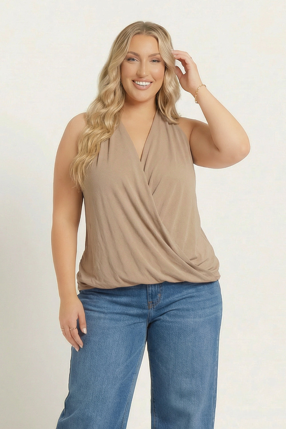 Zenana Tops Plus Size  Chic Flow Wrap Top - Mocha