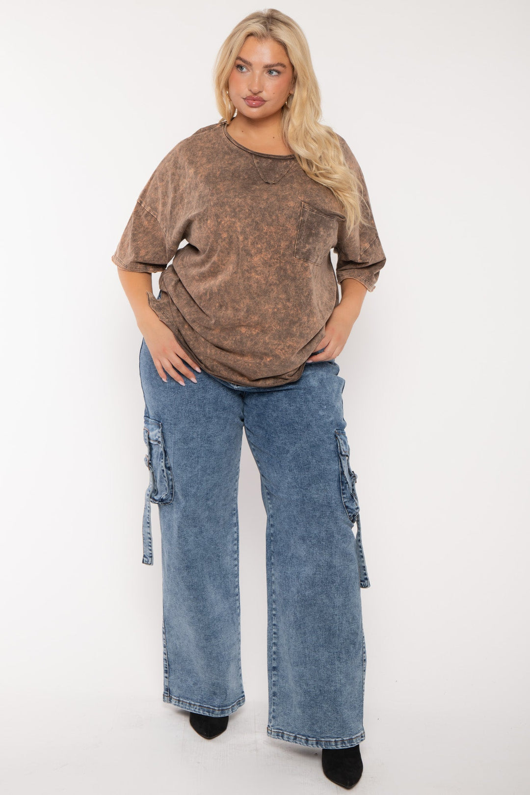 Zenana Tops Plus Size Cian  Acid Wash  Top - Brown