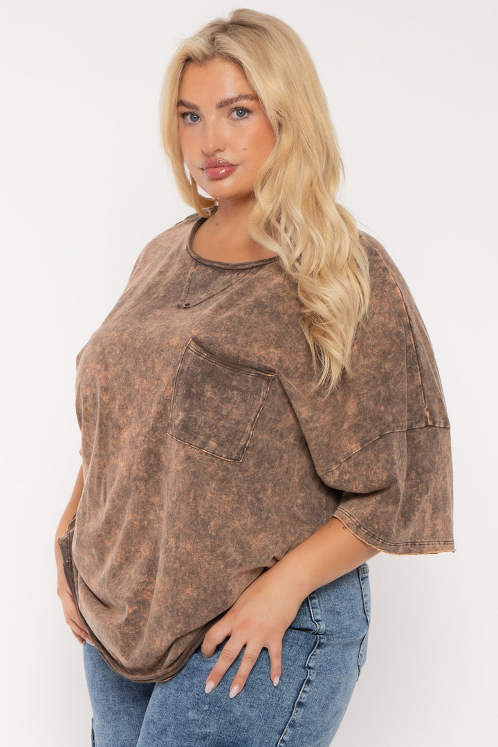 Zenana Tops Plus Size Cian  Acid Wash  Top - Brown