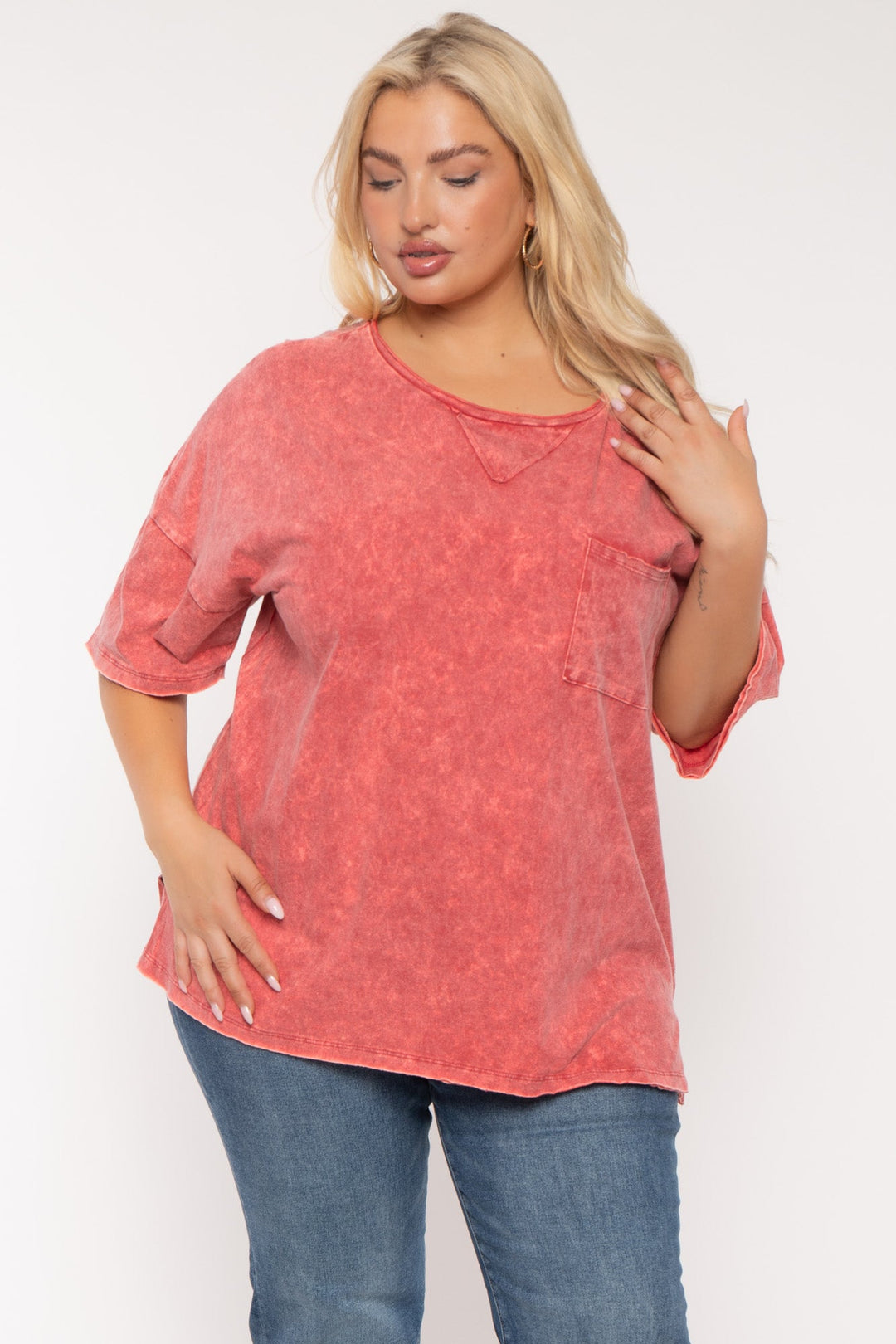 Zenana Tops Plus Size Cian  Acid Wash  Top - Pink