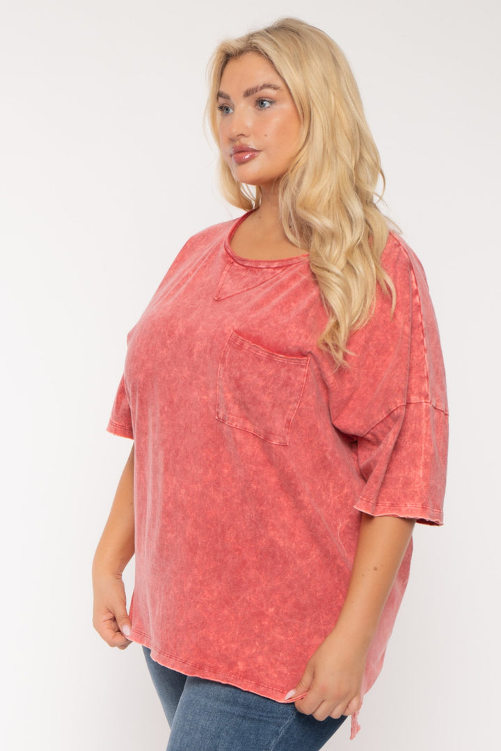 Zenana Tops Plus Size Cian  Acid Wash  Top - Pink