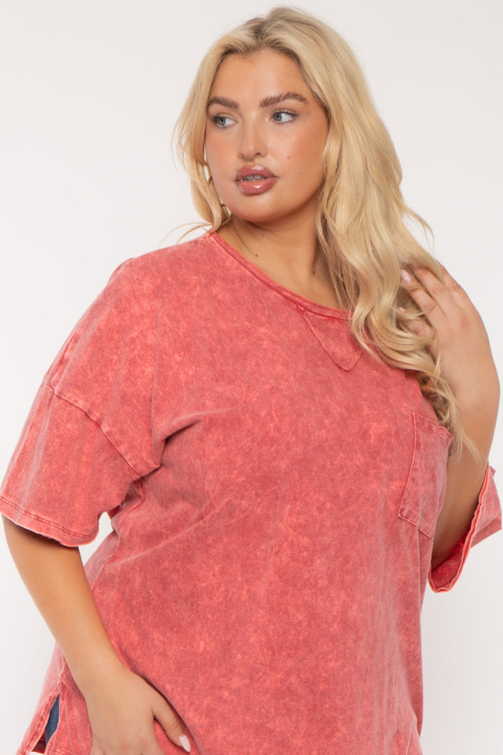 Zenana Tops Plus Size Cian  Acid Wash  Top - Pink