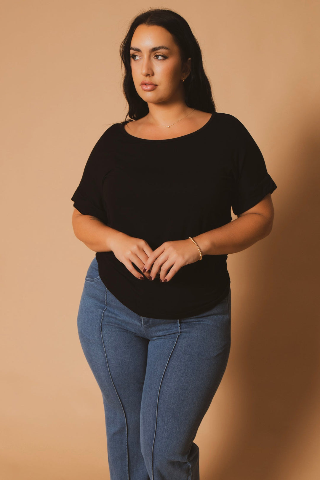 Blue Leopard Tops Plus Size Classic Scoop Neck Top - Black