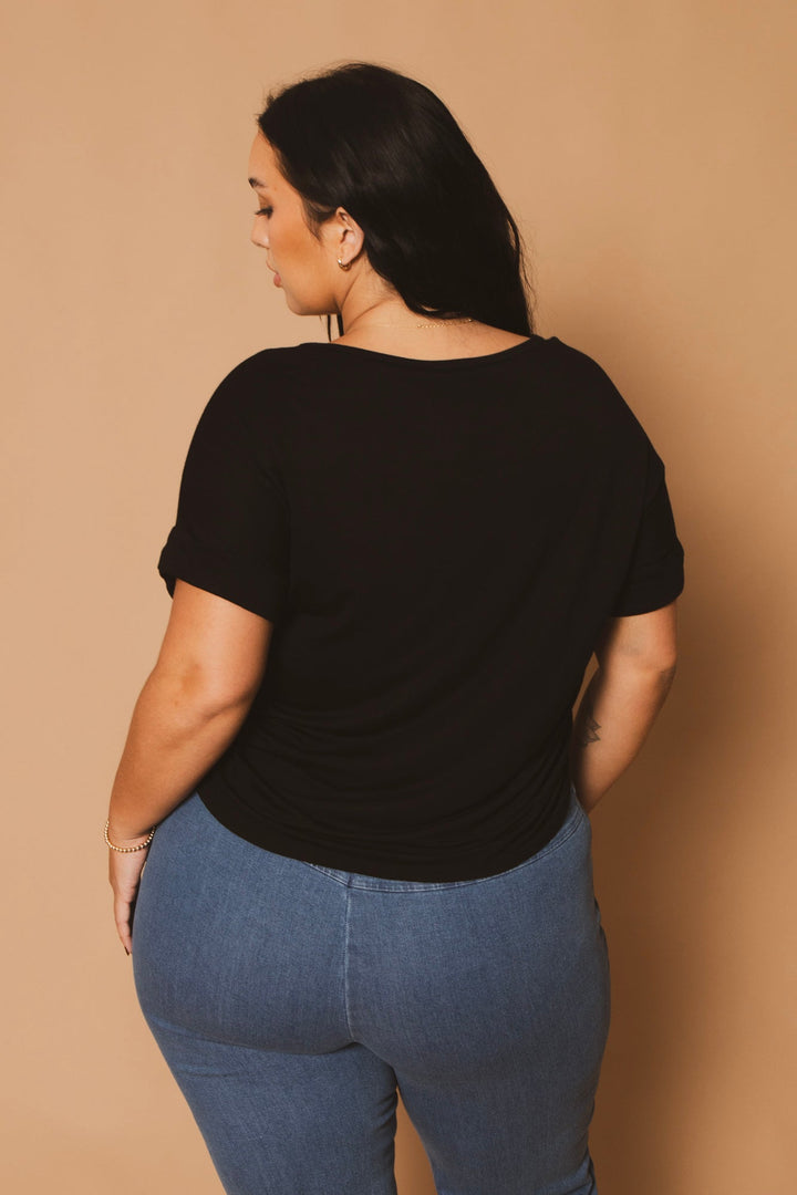 Blue Leopard Tops Plus Size Classic Scoop Neck Top - Black