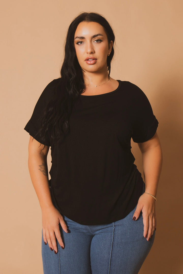 Blue Leopard Tops Plus Size Classic Scoop Neck Top - Black