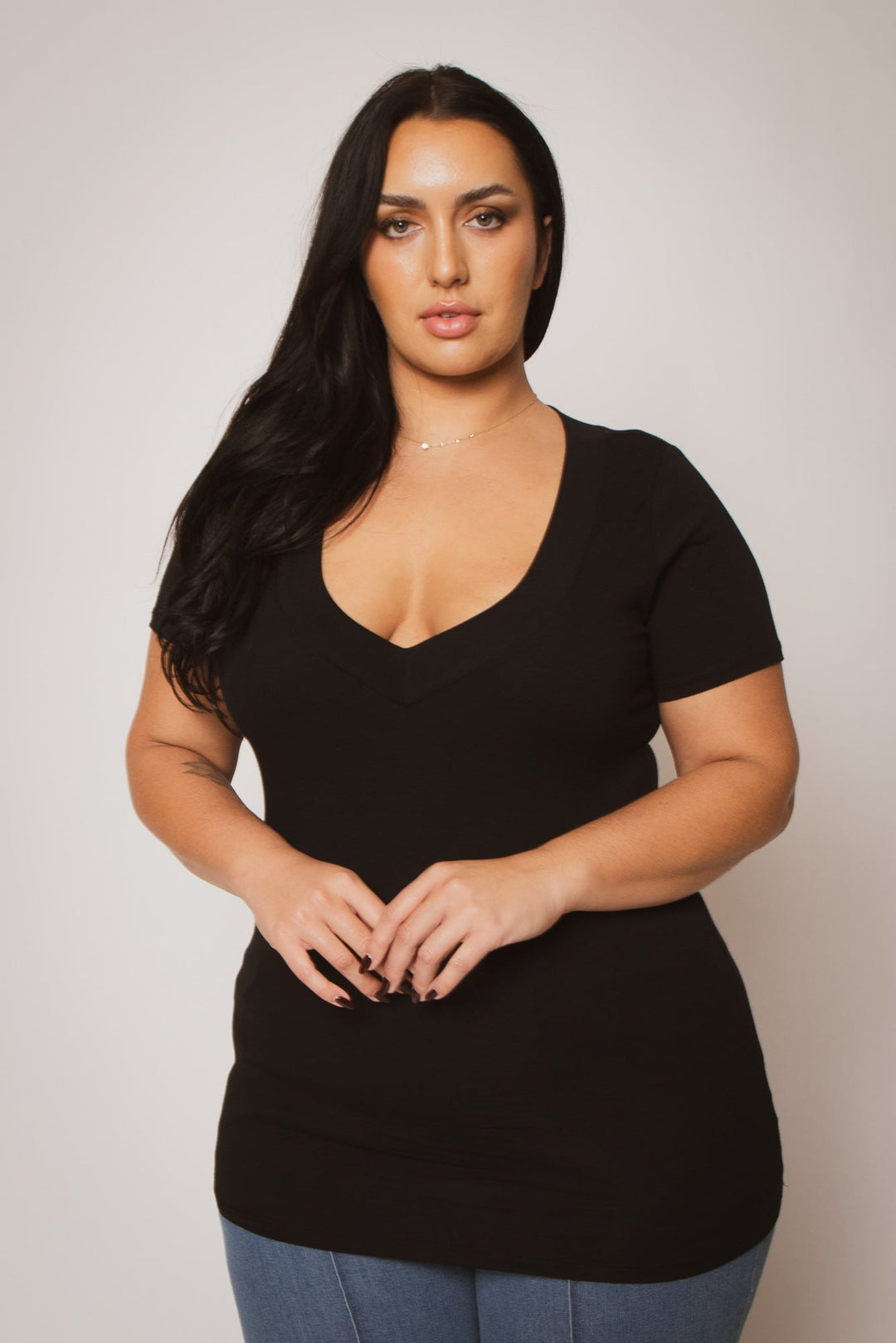 Ambiance Tops Plus Size Classic V Tee - Black